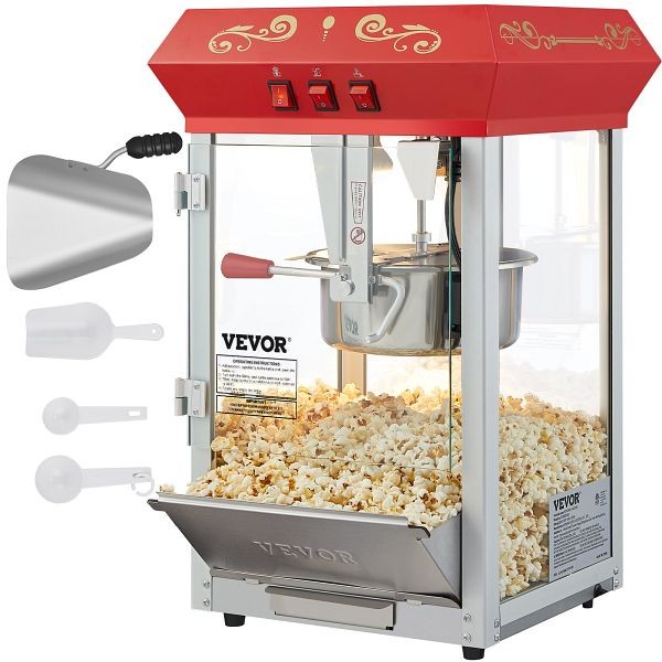 VEVOR Popcorn Popper Machine 8 Oz Countertop Popcorn Maker 850W 48 Cups Red, TSBMHJ8OZ850WJWNRV1