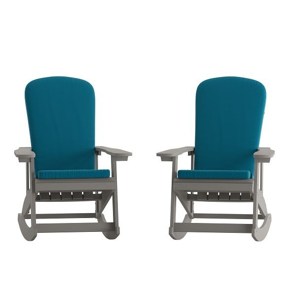 Flash Furniture Savannah All-Weather Poly Resin Wood Adirondack Rocking Chairs in Gray with Teal Cushions for Deck, Set of 2, 2-JJ-C14705-CSNTL-GY-GG