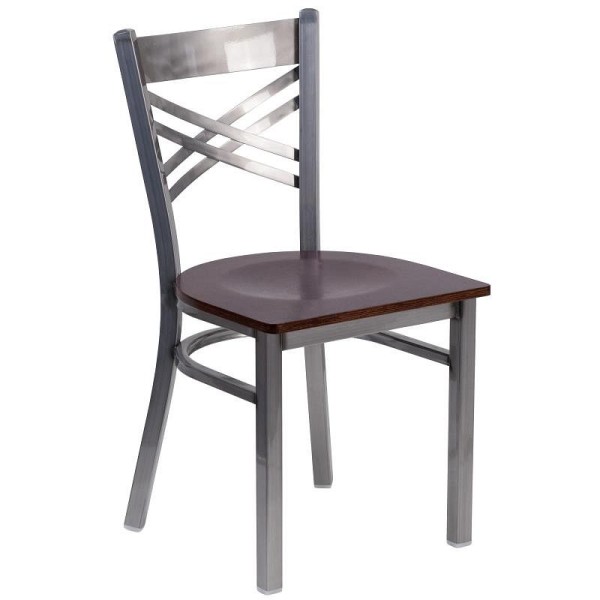 Flash Furniture HERCULES Series Clear Coated ''X'' Back Metal Restaurant Chair - Walnut Wood Seat, XU-6FOB-CLR-WALW-GG