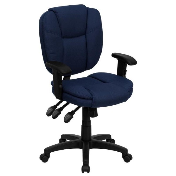 Flash Furniture Caroline Mid-Back Navy Blue Fabric Multifunction Swivel Ergonomic Task Office Chair with Pillow Top Cushioning & Arms, GO-930F-NVY-ARMS-GG