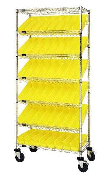 Quantum Storage Systems Bin Systems Unit, mobile, includes (7) wire shelves, (48) yellow bins (QSB103) & (4) 5" casters, chrome finish, MWRS-7-103YL