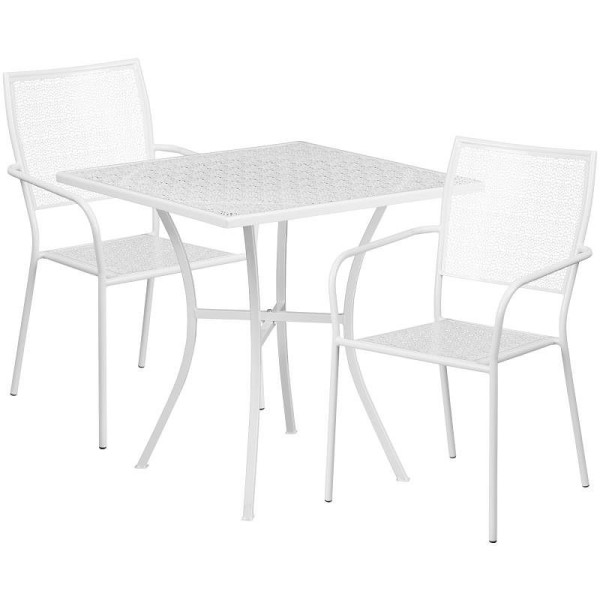 Flash Furniture Oia Commercial Grade 28" Square White Indoor-Outdoor Steel Patio Table Set with 2 Square Back Chairs, CO-28SQ-02CHR2-WH-GG