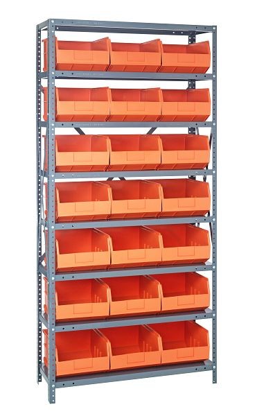 Quantum Storage Systems Shelving Unit, 18x36x75", 400 lb capacity per shelf (8), 21 SSB465 orange black bins, cross bars, galvanized steel, 1875-465OR