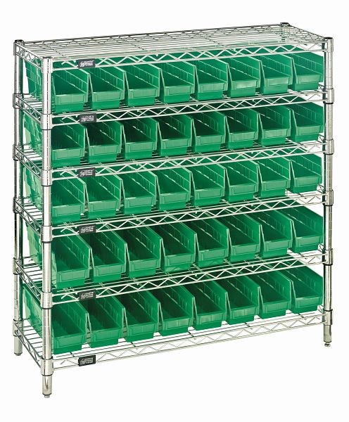 Quantum Storage Systems Bin Wire Shelving System, 36x12x36", 800Lbs per shelf, (6)shelves, (4)posts, (40)QSB101 green bins, Chrome, WR6-36-1236-101GN