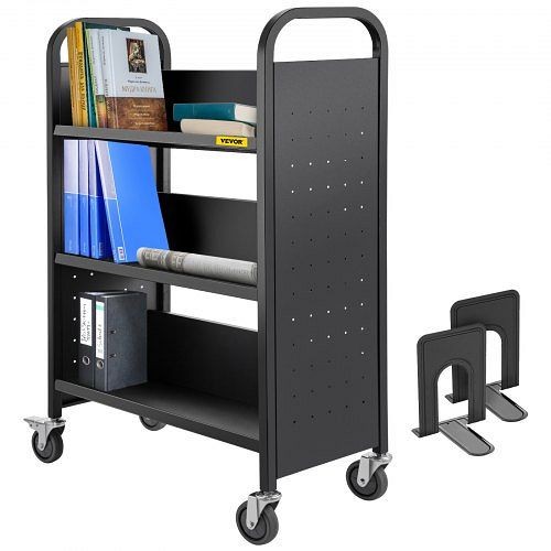 VEVOR Book Cart Library Cart 200lb with Single Sided V-Shaped Sloped Shelves in Black, TSGTCSCVXDMHS0001V0