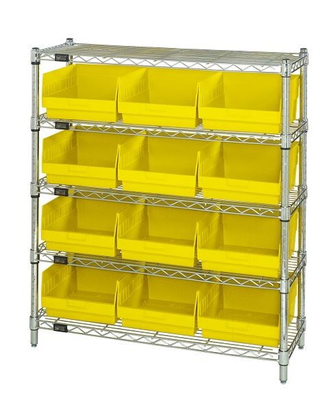 Quantum Storage Systems Bin Wire Shelving Center, 12x36x39", 800 Lbs per shelf, (5)shelves and (12)QSB209 yellow bins, Chrome, WR5-39-1236-209YL