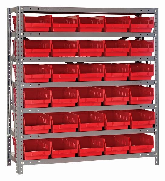 Quantum Storage Systems Shelving Unit, 12x36x39", 400 lb capacity per shelf (7), 30 QSB102 red black bins, galvanized steel, 1239-102RD