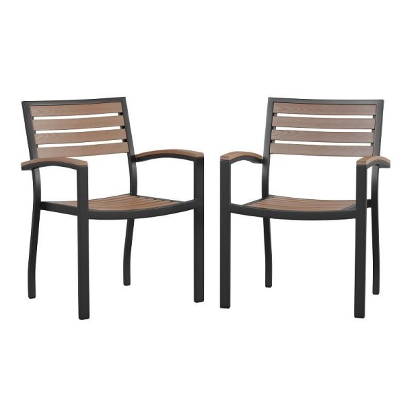 Flash Furniture Lark Outdoor Stackable Faux Teak Side Chair, Commercial Grade Black Aluminum Patio Chair with Synthetic Slats - Set of 2, 2-XU-DG-HW6006-GG