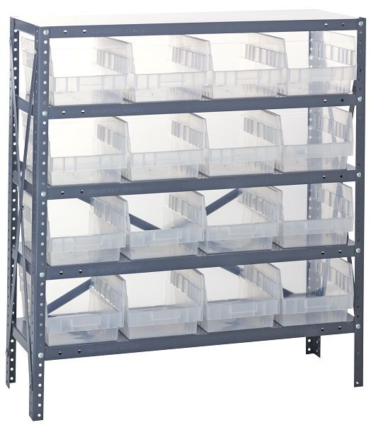 Quantum Storage Systems Shelving Unit, 12x36x39", 400 lb capacity per shelf (5), 16 QSB202 clear black bins, cross bars, galvanized steel, 1239-207CL