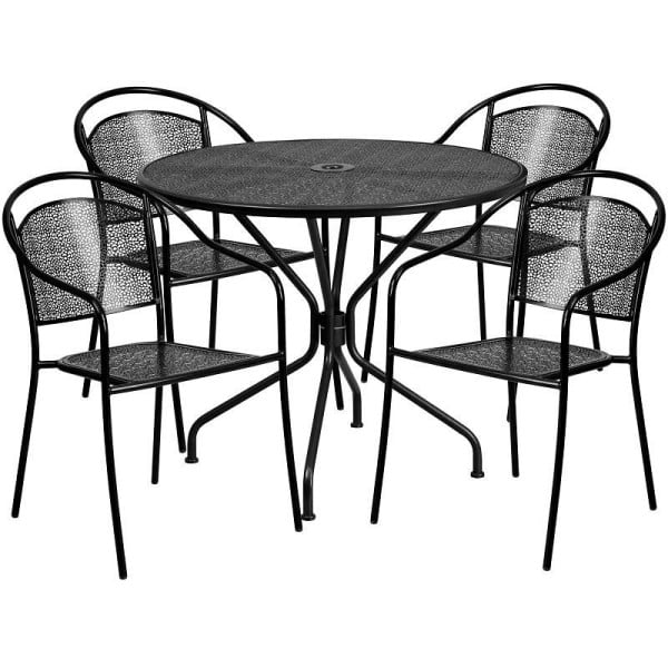 Flash Furniture Oia Commercial Grade 35.25" Round Black Indoor-Outdoor Steel Patio Table Set with 4 Round Back Chairs, CO-35RD-03CHR4-BK-GG