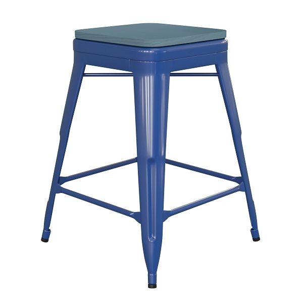 Flash Furniture Kai Commercial 24" High Backless Blue Metal Indoor-Outdoor Counter Height Stool with Teal-Blue Poly Resin Wood Seat, CH-31320-24-BL-PL2C-GG
