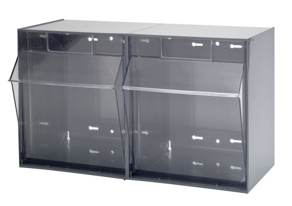 Quantum Storage Systems Tip Out Bin, (2) compartment, opens to a 45° angle, plastic clear container, polystyrene gray cabinet, QTB302GY