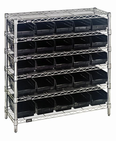 Quantum Storage Systems Bin Wire Shelving System, 36x12x36", 800Lbs per shelf, (6)shelves, (4)posts, (25)QSB102 black bins, Chrome, WR6-36-1236-102BK
