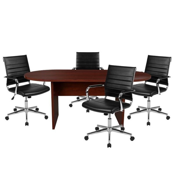 Flash Furniture Lake 5 Piece Mahogany Oval Conference Table Set with 4 Black LeatherSoft Ribbed Executive Chairs, BLN-6GCMHG595M-BK-GG