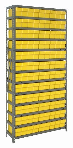 Quantum Storage Systems Shelving Unit, 18x36x75", 400 lb capacity per shelf (13), 108 QED604 yellow black bins, cross bars, galvanized steel, 1875-604YL