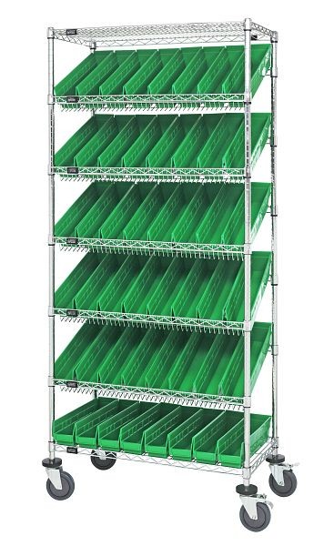 Quantum Storage Systems Bin Systems Unit, mobile, includes (7) wire shelves, (48) green bins (QSB103) & (4) 5" casters, chrome finish, MWRS-7-103GN