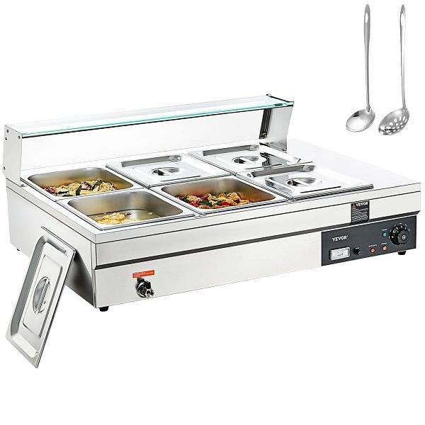 VEVOR 6-Pan Commercial Food Warmer, 6 x 12QT Electric Steam Table with Tempered Glass Cover, BL612QT1500W6UDSFV1