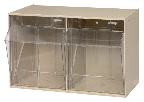 Quantum Storage Systems Tip Out Bin, (2) compartment, opens to a 45° angle, plastic clear container, polystyrene ivory cabinet, QTB302IV