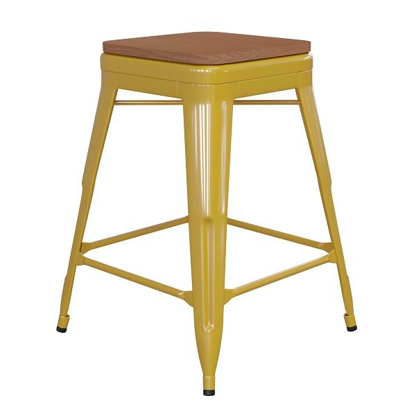 Flash Furniture Kai Commercial 24" High Backless Yellow Metal Indoor-Outdoor Counter Height Stool with Teak Poly Resin Wood Seat, CH-31320-24-YL-PL2T-GG