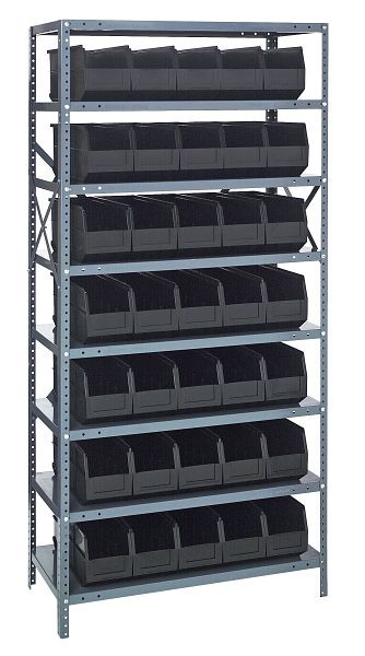 Quantum Storage Systems Shelving Unit, 18x36x75", 400 lb capacity per shelf (8), 35 SSB461 black bins, cross bars, galvanized steel, 1875-461BK