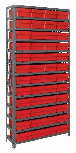 Quantum Storage Systems Shelving Unit, 18x36x75", 400 lb capacity per shelf (13), 48 QED606 red black bins, cross bars, galvanized steel, 1875-606RD