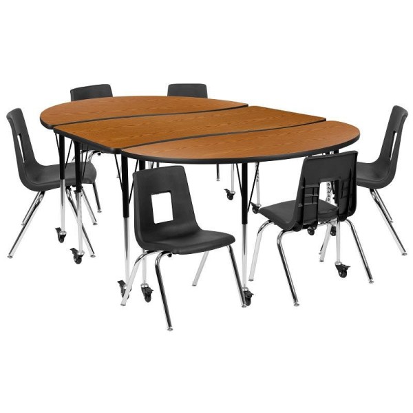 Flash Furniture Emmy Mobile 86" Oval Wave Flexible Laminate Table Set with 16" Student Stack Chairs, Oak/Black, XU-GRP-16CH-A3060CON-60-OAK-T-A-CAS-GG