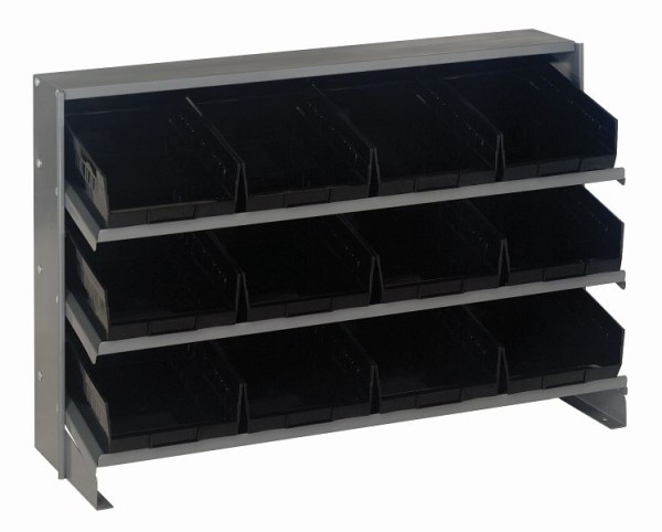 Quantum Storage Systems Pick Rack, slopped, bench style, 12-1/2"L x 36"W x 23"H, (3) shelves configuration, includes (12) QSB107 black bins, QPRHA-107BK
