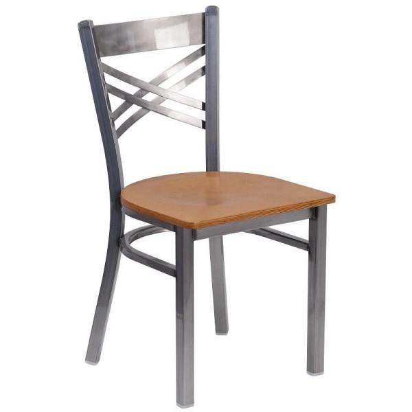 Flash Furniture HERCULES Series Clear Coated ''X'' Back Metal Restaurant Chair - Natural Wood Seat, XU-6FOB-CLR-NATW-GG
