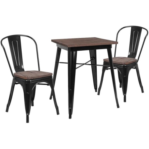 Flash Furniture Bailey 23.5" Square Black Metal Table Set with Wood Top and 2 Stack Chairs, CH-WD-TBCH-15-GG