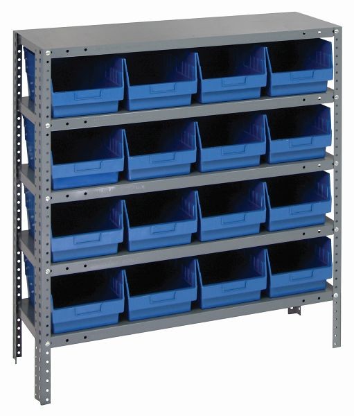 Quantum Storage Systems Shelving Unit, 12x36x39", 400 lb capacity per shelf (5), 16 QSB207 blue black bins, galvanized steel, 1239-207BL