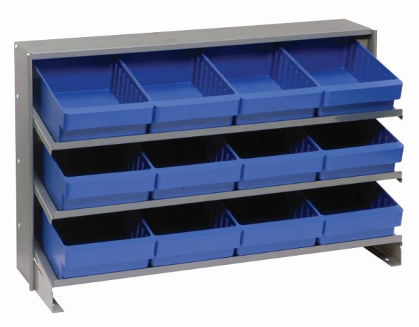 Quantum Storage Systems Pick Rack, slopped, bench style, 12-1/2"L x 36"W x 23"H, (3) shelves configuration, includes (12) QED701 blue bins, QPRHA-701BL