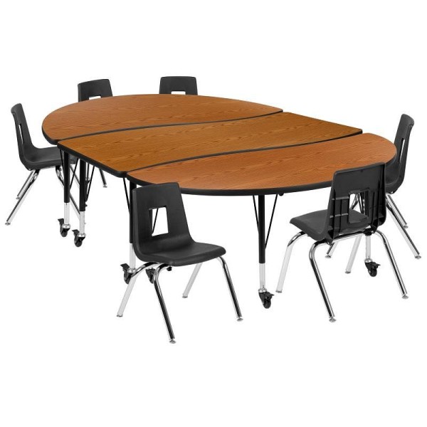 Flash Furniture Emmy Mobile 86" Oval Wave Flexible Laminate Table Set with 14" Student Stack Chairs, Oak/Black, XU-GRP-14CH-A3060CON-60-OAK-T-P-CAS-GG