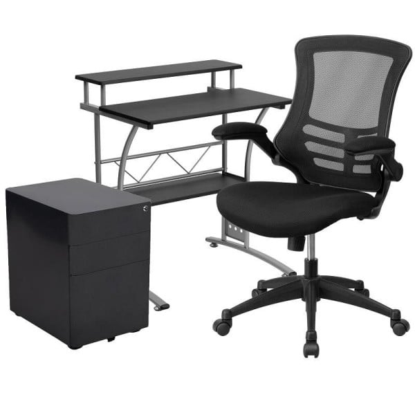 Flash Furniture Calder Work From Home Kit-Black Computer Desk, Ergonomic Mesh Office Chair & Filing Cabinet with Side Handles, BLN-CLIFCHPX5-BK-GG