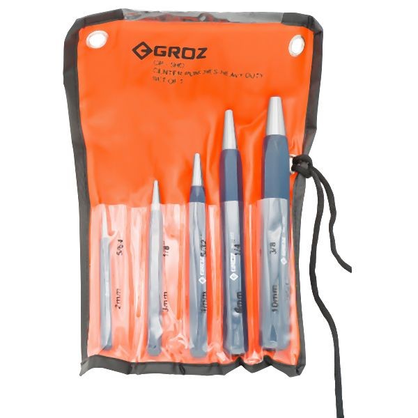 Groz Heavy-Duty Center Punch Set, 5pc with 1/4", 1/8", 3/8", 5/32", and 5/64", 25205