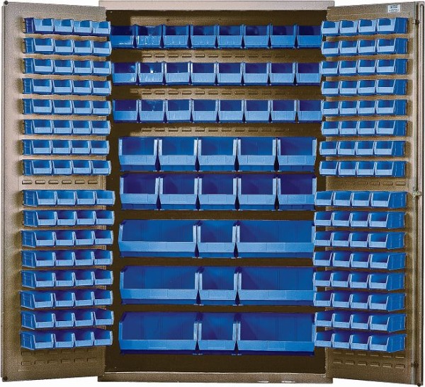 Quantum Storage Systems Heavy-Duty 48" Bin Cabinet, 48"W x 24"D x 78"H, includes (171) blue bins, beige powder-coated finish, QSC-BG-48BL