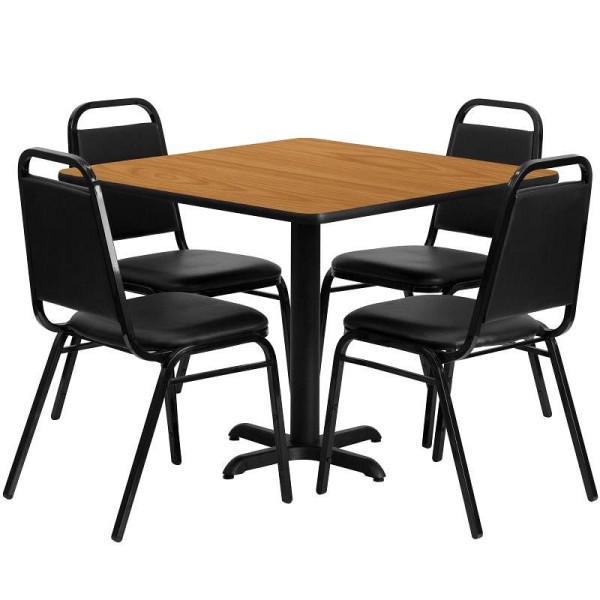 Flash Furniture Carlton 36'' Square Natural Laminate Table Set with X-Base and 4 Black Trapezoidal Back Banquet Chairs, HDBF1011-GG
