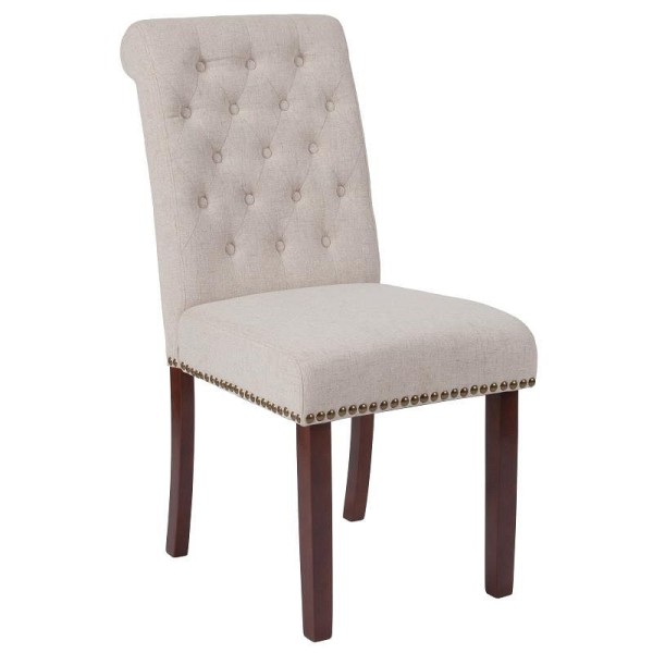 Flash Furniture HERCULES Series Beige Fabric Parsons Chair with Rolled Back, Accent Nail Trim and Walnut Finish, BT-P-BGE-FAB-GG