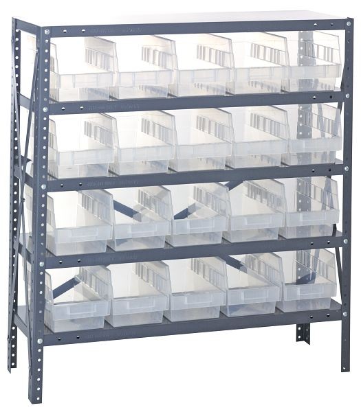 Quantum Storage Systems Shelving Unit, 18x36x39", 400 lb capacity per shelf (5), 20 QSB204 clear black bins, cross bars, galvanized steel, 1839-204CL