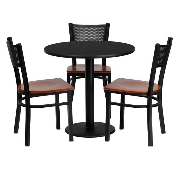 Flash Furniture Clark 30'' Round Black Laminate Table Set with 3 Grid Back Metal Chairs - Cherry Wood Seat, MD-0007-GG
