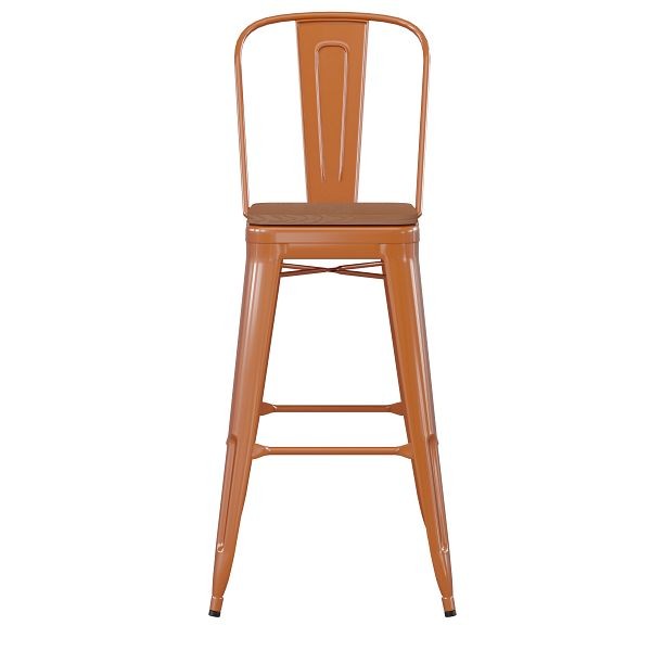 Flash Furniture Kai Commercial 30" Orange Metal Indoor-Outdoor Bar Height Stool, Removable Back, Teak Poly Resin Seat, CH-31320-30GB-OR-PL2T-GG