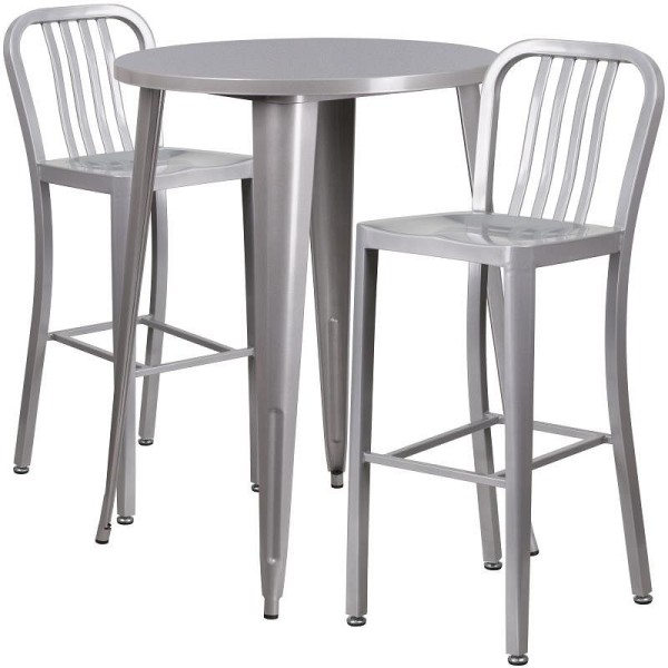 Flash Furniture Brad Commercial Grade 30" Round Silver Metal Indoor-Outdoor Bar Table Set with 2 Vertical Slat Back Stools, CH-51090BH-2-30VRT-SIL-GG