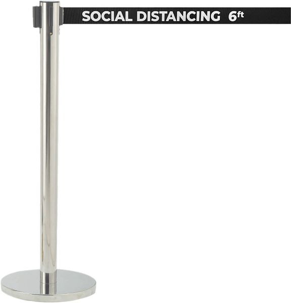 AARCO Form-A-Line™ System with 7' Belt, Satin Finish with Printed Black Belt, "SOCIAL DISTANCING 6FT", HS-7PBK