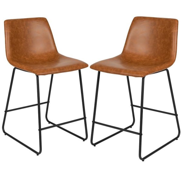 Flash Furniture Reagan 24 Inch Commercial Grade LeatherSoft Counter Height Barstools in Light Brown, Set of 2, 2-ET-ER18345-24-LB-GG