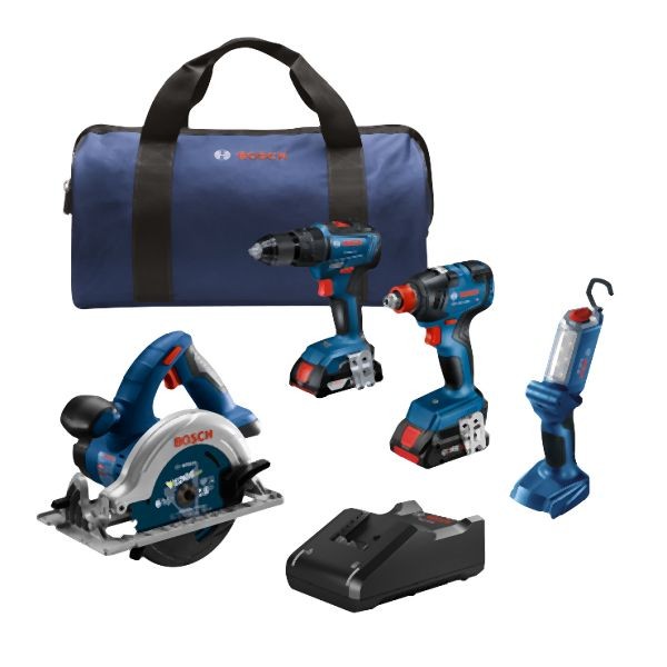 Bosch 18V 4-Tool Combo Kit with 1/4 Inches and 1/2 Inches Two-In-One Bit/Socket Impact Driver, 1/2 Inches Hammer Drill/Driver, Circular Saw, 060166H01N
