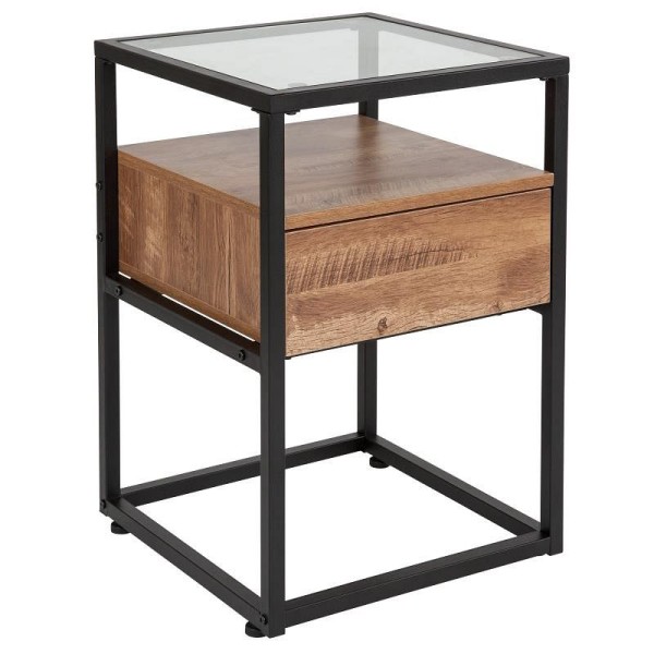 Flash Furniture Cumberland Collection Glass End Table with Drawer and Shelf in Rustic Wood Grain Finish, NAN-JN-28102E-GG