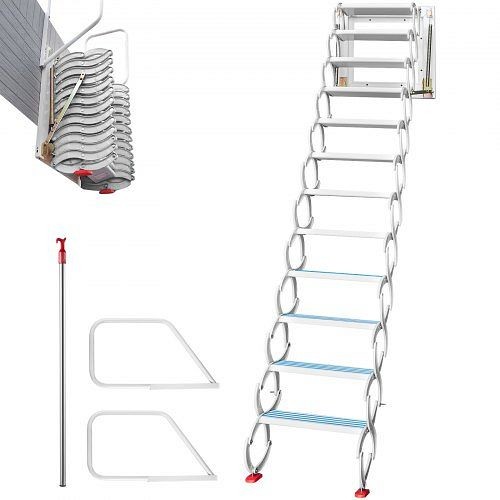 VEVOR Attic Steps Pull Down 12 Steps Attic Stairs Alloy Attic Access Ladder, White, HJBGZDT12JBS00001V0