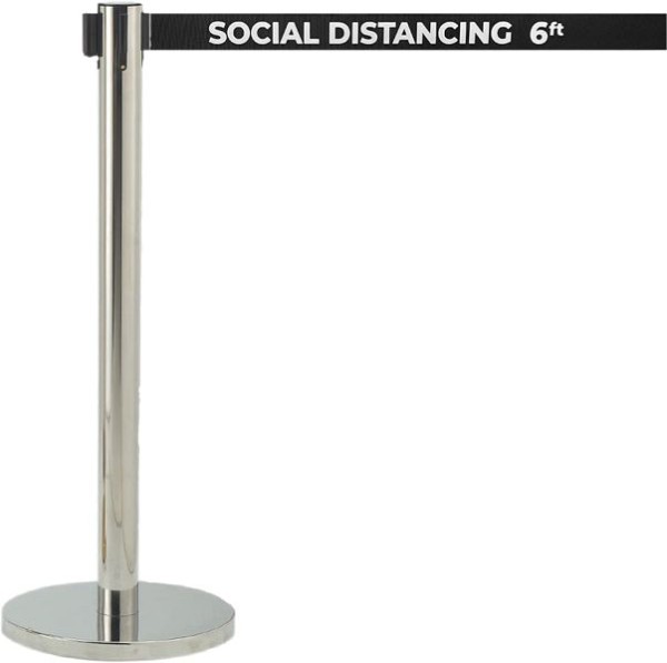 AARCO Form-A-Line™ System with 7' Belt, Chrome Finish with Printed Black Belt, "SOCIAL DISTANCING 6FT", HC-7PBK