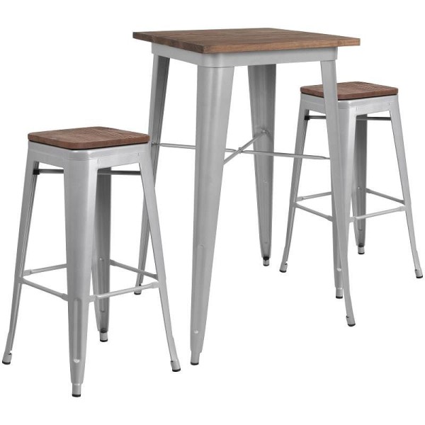 Flash Furniture Bailey 23.5" Square Silver Metal Bar Table Set with Wood Top and 2 Backless Stools, CH-WD-TBCH-3-GG