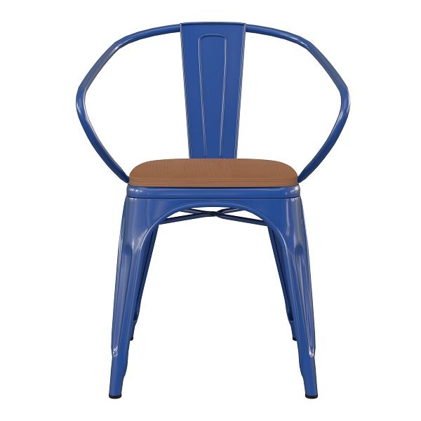 Flash Furniture Luna Commercial Grade Blue Metal Indoor-Outdoor Chair with Arms with Teak Poly Resin Wood Seat, CH-31270-BL-PL1T-GG