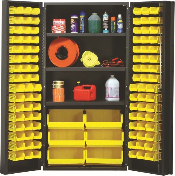 Quantum Storage Systems Heavy-Duty 36" Bin Cabinet, 800 lb. capacity, includes (3) adjustable shelves, (102) yellow bins, gray finish, QSC-36SYL
